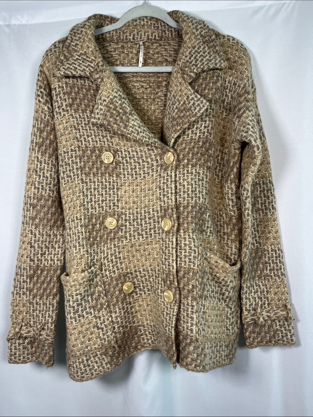 Free people wool cream/tan chunky knit double breasted sweater jacket sz S EUC